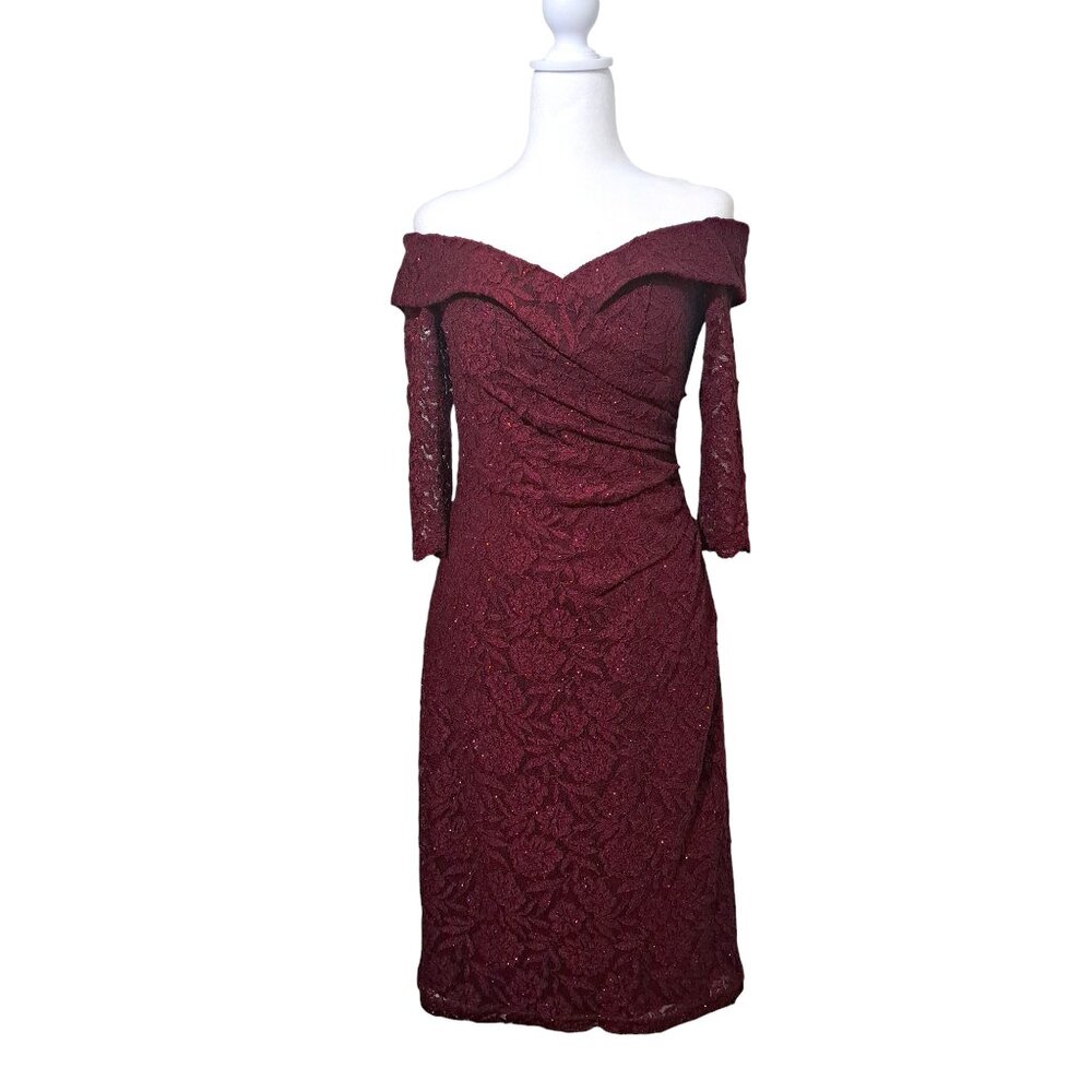 Oleg Cassini Burgundy Lace Off-Shoulder Dress